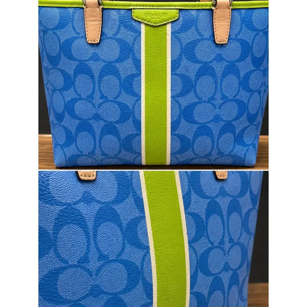 Coach Signature C Momogram Stripe Mini Tote Blue Green Canvas Authenticated